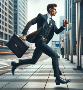 man in suit running on sidewalk
