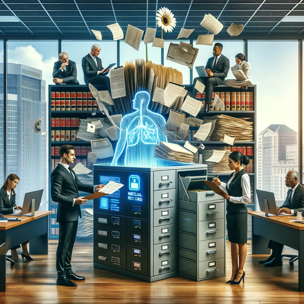 DALL·E 2023 11 29 13.14.16 A conceptual image depicting efficient medical record retrieval for law firms. The scene shows a modern law firm office with lawyers and paralegals wo