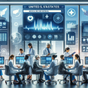 A conceptual image representing United States Medical Record Retrieval. The scene includes a modern, high tech medical office with professionals working.