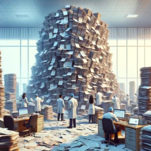 chaotic office scene filled with towering stacks of paper files and folders symbolizing the challenges of manual medical record retrieval