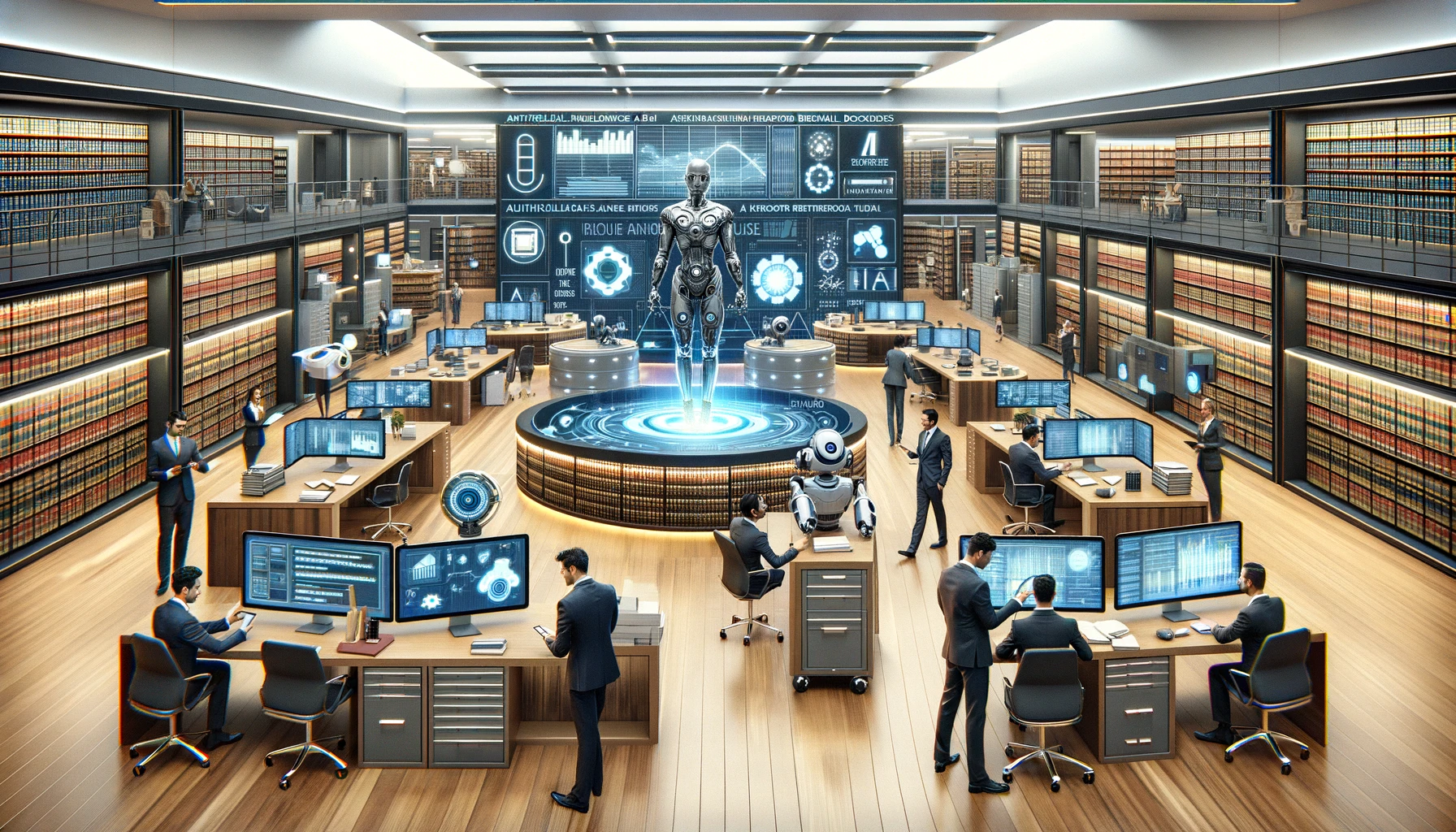 futuristic law firm office where Artificial Intelligence seamlessly integrates with human efforts to enhance record retrieval