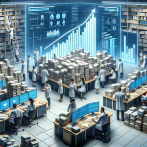 DALL·E 2024 03 21 09.29.17 An image depicting the increasing demand for medical records staff. Visualize a bustling office environment filled with stacks of medical records and 1 2