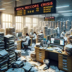 DALL·E 2024 03 21 09.36.45 An image to represent a medical record staffing crisis. Visualize an office space overwhelmed with medical records and paperwork illustrating the sev