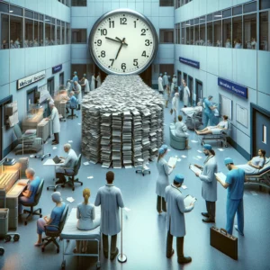 DALL·E 2024 03 22 09.37.32 An image representing delays in treatment due to staffing shortages in medical record departments. Visualize a busy hospital corridor with doctors and