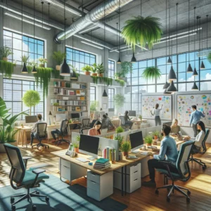 DALL·E 2024 03 27 08.26.06 Depict a bright and inviting office space designed for employee well being and productivity. The scene is filled with natural light streaming through