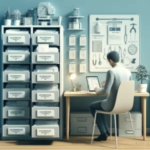 DALL·E 2024 04 17 09.53.45 An image depicting the concept of organizing medical records, showing a home office with an open filing cabinet full of neatly labeled folders contain