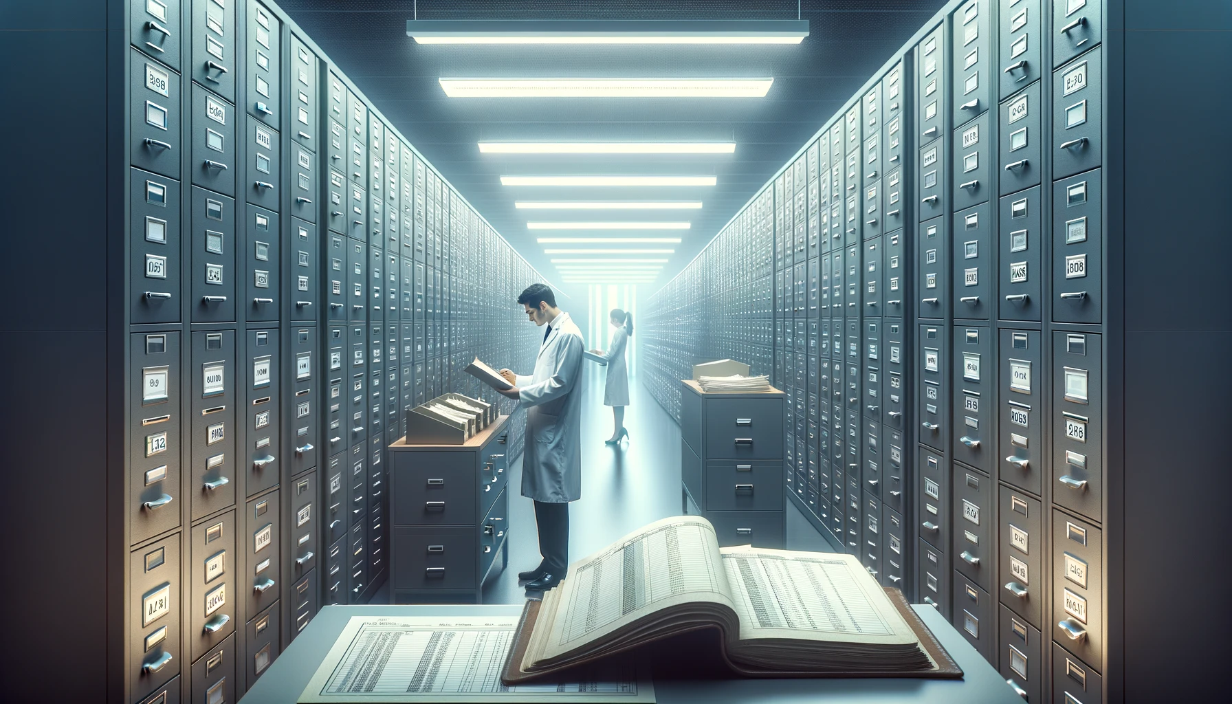 DALL·E 2024 04 17 09.57.36 A panoramic view of a large, modern archive room filled with filing cabinets, each labeled with various retention periods for medical bills and record