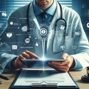 DALL·E 2024 04 25 03.12.08 An illustration of a doctor reviewing an Attending Physician Statement (APS) on a digital tablet, with visual elements showing key components like med